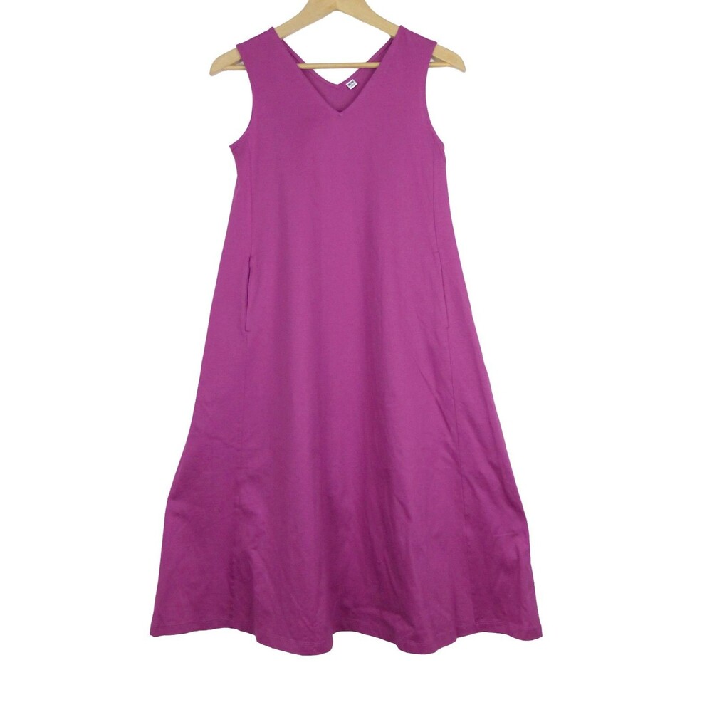 Uniqlo Mercerized Cotton V Neck A-Line Sleeveless Dress Pink S Pockets 449259
